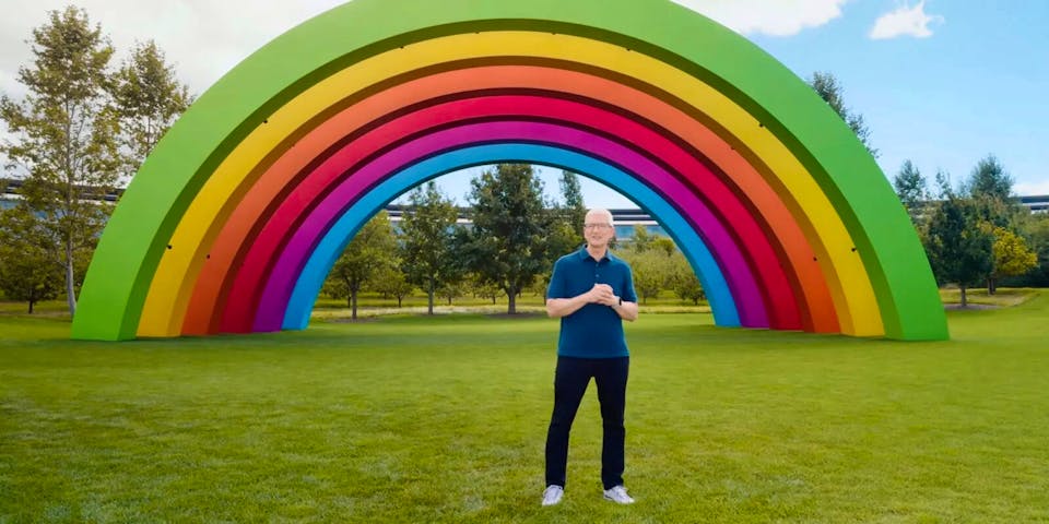 Tim Cook on-site at Apple headquarters during a video to kickoff the Apple 'Glowtime' event.