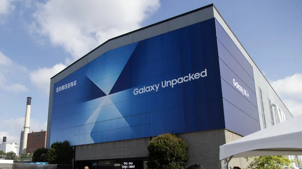 A big warehouse with the Samsung branding around it.